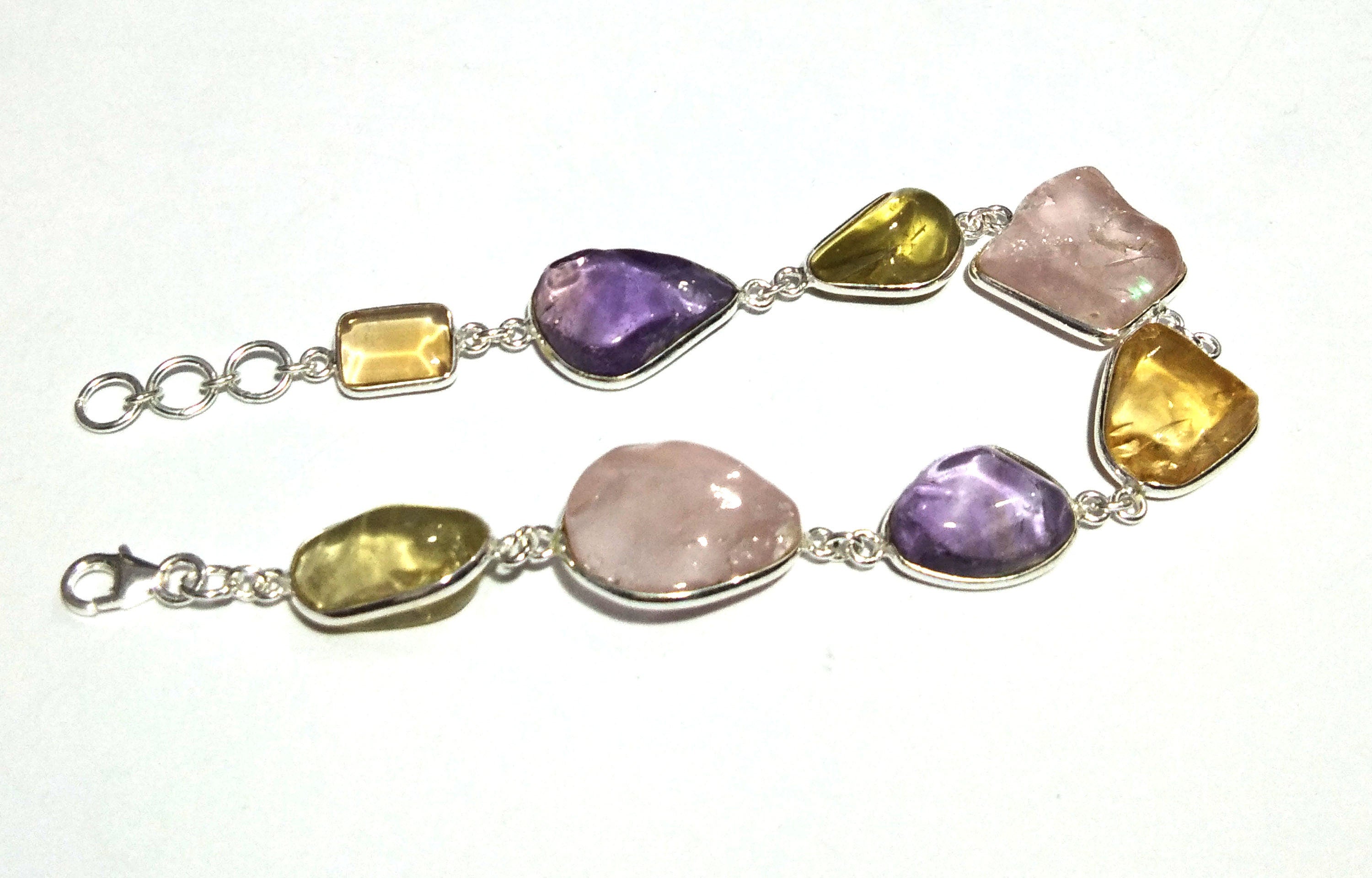 Natural Amethyst/Rose Quartz/Lemon Quartz Tumbled Stone Bracelet, 925 Sterling Silver Bracelet, 8 inches Multi Color Stone Wedding Bracelet